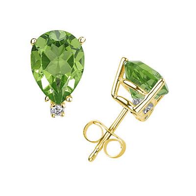 6X4mm Pear Peridot and Diamond Stud Earrings in 14K Yellow Gold