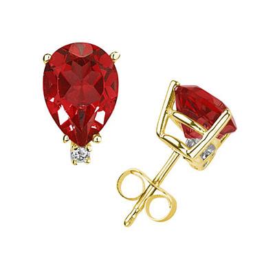 7X5mm Pear Ruby and Diamond Stud Earrings in 14K Yellow Gold