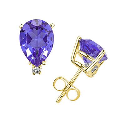 6X4mm Pear Tanzanite and Diamond Stud Earrings in 14K Yellow Gold