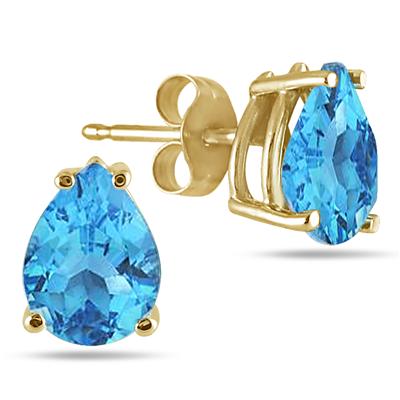 All-Natural Genuine 5x3 mm, Pear Shape Blue Topaz earrings set in 14k Yellow gold