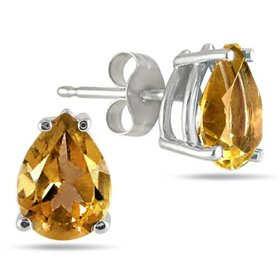 All-Natural Genuine 5x3 mm, Pear Shape Citrine earrings set in 14k White Gold