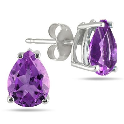 7x5MM All Natural Pear Amethyst Stud Earrings in .925 Sterling Silver