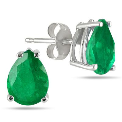 All-Natural Genuine 8x6 mm, Pear Shape Emerald earrings set in 14k White Gold