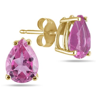 All-Natural Genuine 8x6 mm, Pear Shape Pink Sapphire earrings set in 14k Yellow gold