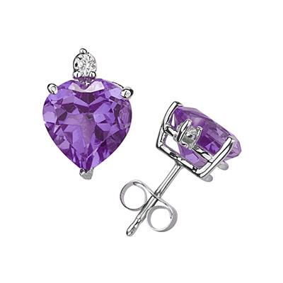 9mm Heart Amethyst and Diamond Stud Earrings in 14K White Gold