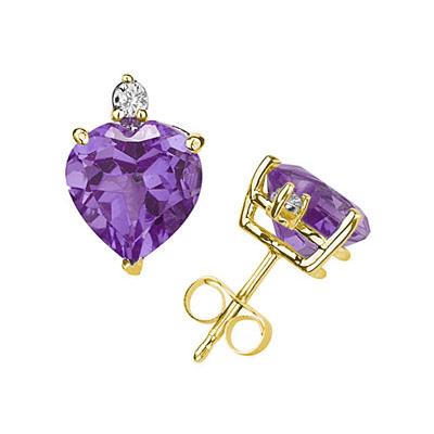 7mm Heart Amethyst and Diamond Stud Earrings in 14K Yellow Gold