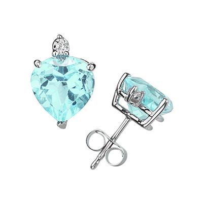 8mm Heart Aquamarine and Diamond Stud Earrings in 14K White Gold