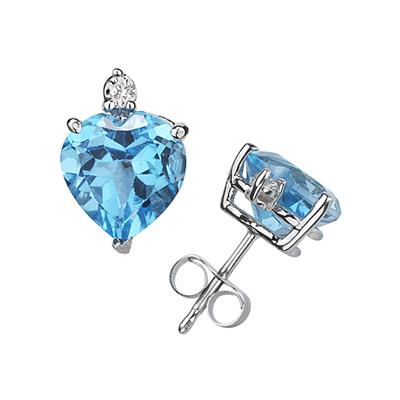 10mm Heart Blue Topaz and Diamond Stud Earrings in 14K White Gold