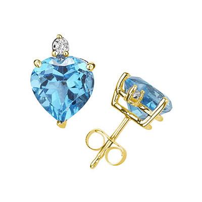 7mm Heart Blue Topaz and Diamond Stud Earrings in 14K Yellow Gold