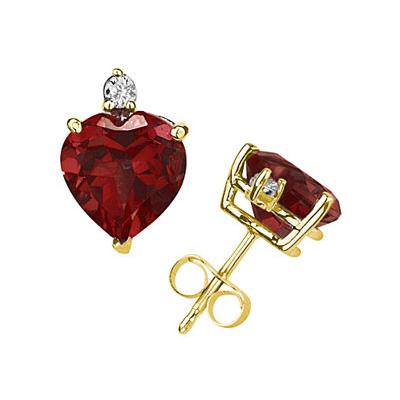 5mm Heart Garnet and Diamond Stud Earrings in 14K Yellow Gold