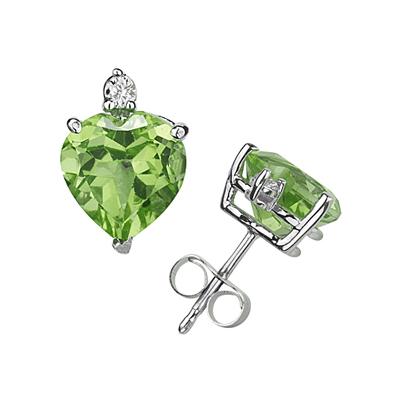 9mm Heart Peridot and Diamond Stud Earrings in 14K White Gold