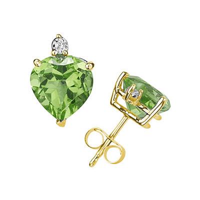 7mm Heart Peridot and Diamond Stud Earrings in 14K Yellow Gold