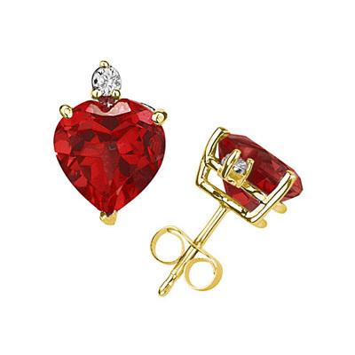 4mm Heart Ruby and Diamond Stud Earrings in 14K Yellow Gold