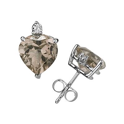 9mm Heart Smokey Quartz and Diamond Stud Earrings in 14K White Gold