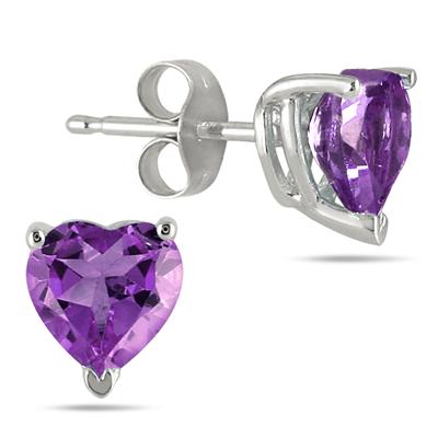 All-Natural Genuine 6 mm, Heart Shape Amethyst earrings set in 14k White Gold