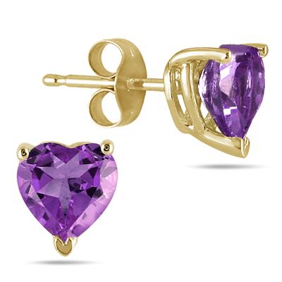 All-Natural Genuine 6 mm, Heart Shape Amethyst earrings set in 14k Yellow gold