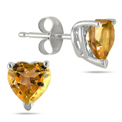 All-Natural Genuine 7 mm, Heart Shape Citrine earrings set in Platinum