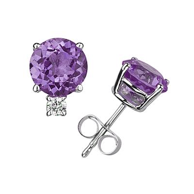 5mm Round Amethyst and Diamond Stud Earrings in 14K White Gold