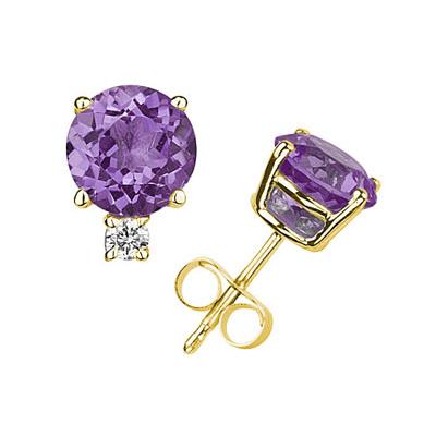 9mm Round Amethyst and Diamond Stud Earrings in 14K Yellow Gold