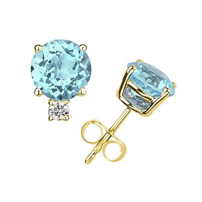 4mm Round Aquamarine and Diamond Stud Earrings in 14K Yellow Gold