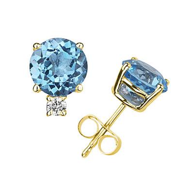 7mm Round Blue Topaz and Diamond Stud Earrings in 14K Yellow Gold