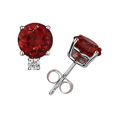 6mm Round Garnet and Diamond Stud Earrings in 14K White Gold