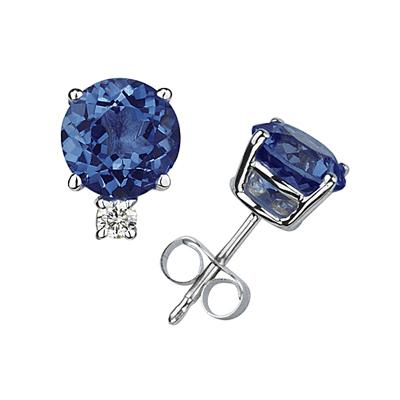 5mm Round Sapphire and Diamond Stud Earrings in 14K White Gold