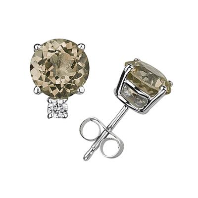 9mm Round Smokey Quartz and Diamond Stud Earrings in 14K White Gold