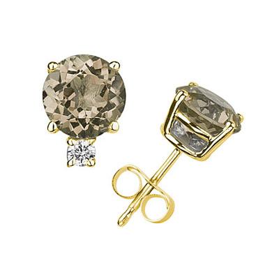 7mm Round Smokey Quartz and Diamond Stud Earrings in 14K Yellow Gold