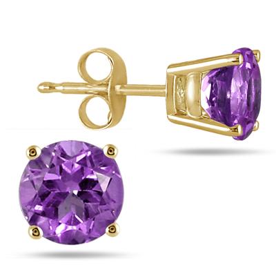 All-Natural Genuine 5 mm, Round Amethyst earrings set in 14k Yellow gold