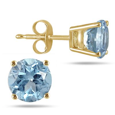 All-Natural Genuine 5 mm, Round Aquamarine earrings set in 14k Yellow gold