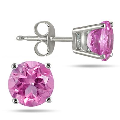 All-Natural Genuine 5 mm, Round Pink Sapphire earrings set in 14k White Gold