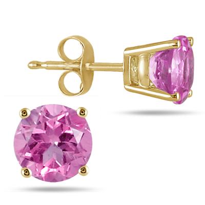 All-Natural Genuine 5 mm, Round Pink Sapphire earrings set in 14k Yellow gold