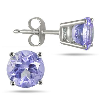 All-Natural Genuine 5 mm, Round Tanzanite earrings set in 14k White Gold