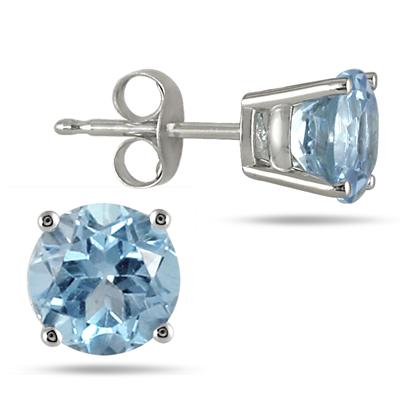 All-Natural Genuine 6 mm, Round Aquamarine earrings set in 14k White Gold