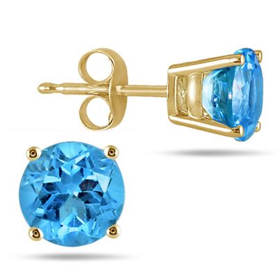 All-Natural Genuine 6 mm, Round Blue Topaz earrings set in 14k Yellow gold