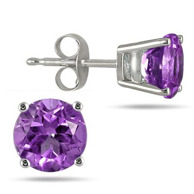 All-Natural Genuine 7 mm, Round Amethyst earrings set in 14k White Gold