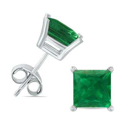 14K White Gold 4MM Square Emerald Gemstone Earrings
