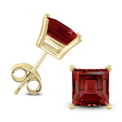 14K Yellow Gold 7MM Square Garnet Earrings