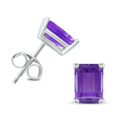 14K White Gold 7x5MM Emerald Shaped Amethyst Earrings