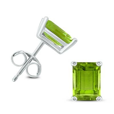 14K White Gold 7x5MM Emerald Shaped Peridot Earrings