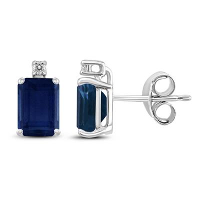 14K White Gold 5x3MM Emerald Shaped Sapphire and Diamond Earrings
