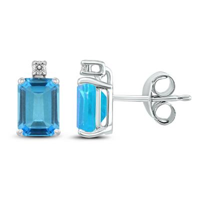 14K White Gold 6x4MM Emerald Shaped Blue Topaz and Diamond Earrings