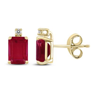 14K Yellow Gold 6x4MM Emerald Shaped Ruby and Diamond Earrings