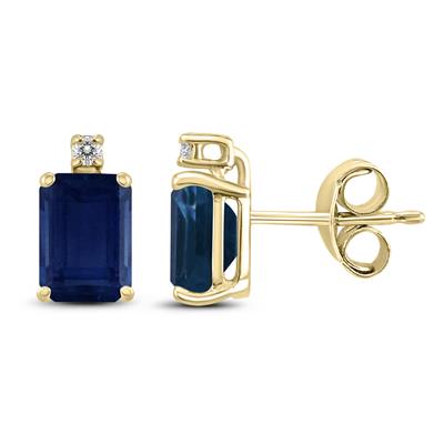 14K Yellow Gold 6x4MM Emerald Shaped Sapphire and Diamond Earrings