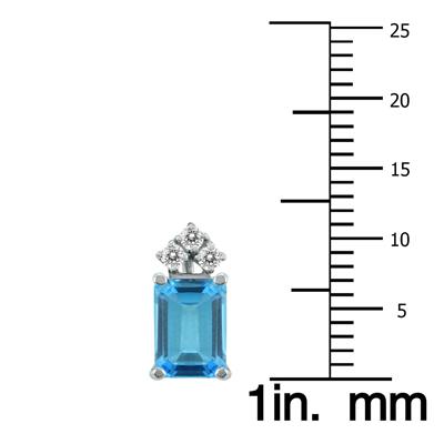 14K White Gold 7x5MM Emerald Shaped Blue Topaz and Three Stone Diamond Earrings