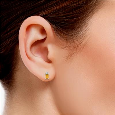 14K White Gold 7x5MM Emerald Shaped Citrine and Three Stone Diamond Earrings