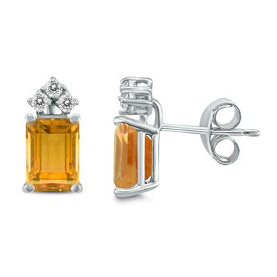 14K White Gold 7x5MM Emerald Shaped Citrine and Three Stone Diamond Earrings