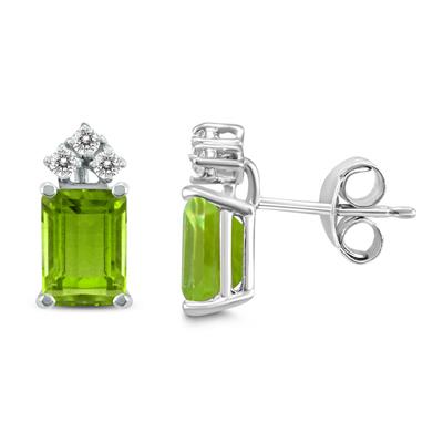 14K White Gold 7x5MM Emerald Shaped Peridot and Three Stone Diamond Earrings