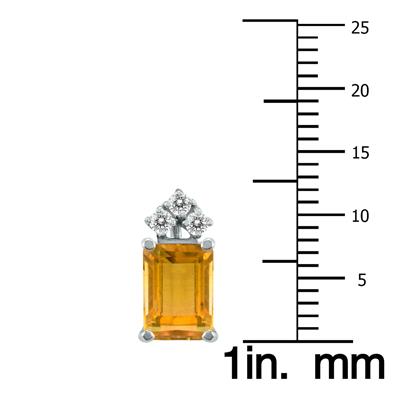 14K White Gold 8x6MM Emerald Shaped Citrine and Three Stone Diamond Earrings